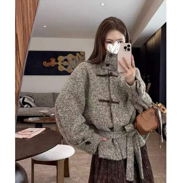 “挪威森林”复古电影质感 灰咖色羊毛圈圈呢加厚夹棉女款夹克