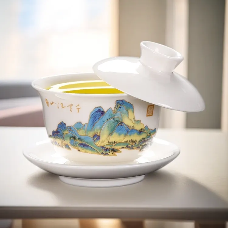 白瓷羊脂玉瓷可悬停三才盖碗茶杯功夫茶具陶瓷泡茶碗功夫茶具茶碗
