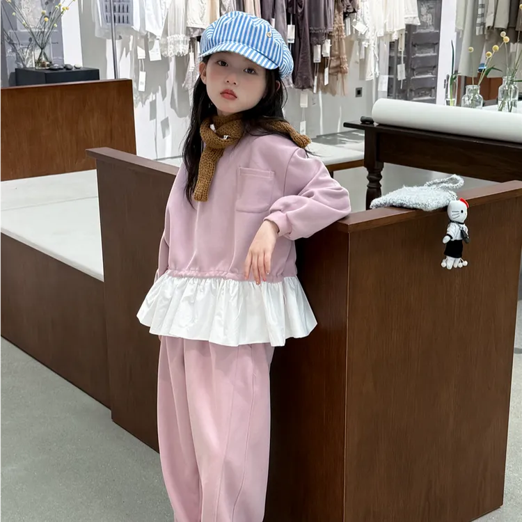 童装女童套装2025秋季新款韩版女孩拼花边卫衣洋气上衣裤子两件套