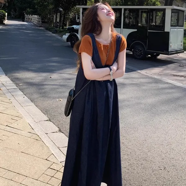2025夏季新款松弛感休闲套装女显瘦短袖t恤牛仔背带连衣裙两件套