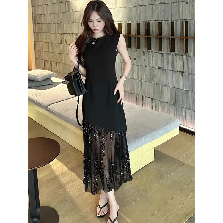 亮片拼接连衣裙颜色灰色 黑色颜色灰色 黑色