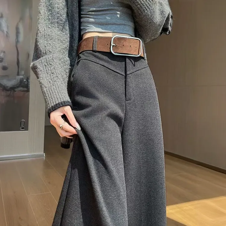 【加绒加厚】【送腰带】毛呢阔腿裤女秋冬新款高腰显瘦宽松西装休闲裤