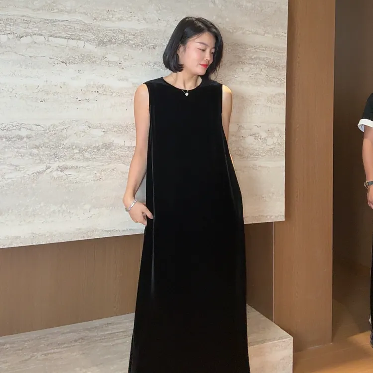 TANTAN 100丝绸 气质简约高级感宽松无袖秋季连衣裙2989
