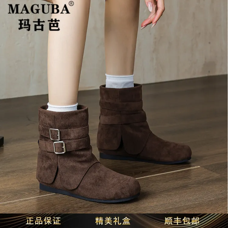 玛古芭女鞋棕色低跟短靴女新款秋季平底防滑勃肯西部美拉德马丁靴