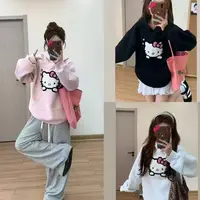 HandSeven韩版粉色卡通kt猫刺绣秋冬百搭洋气连帽卫衣外套女秋季