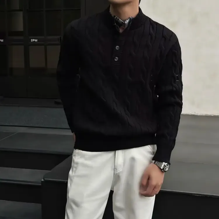 秋冬轻奢老钱风绞花编织假两件重磅针织毛衣男慵懒风亨利领毛衣男