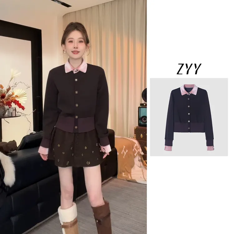 ZYY【意式松弛】2025/S新品撞色翻领假两件开衫X25QKS05049