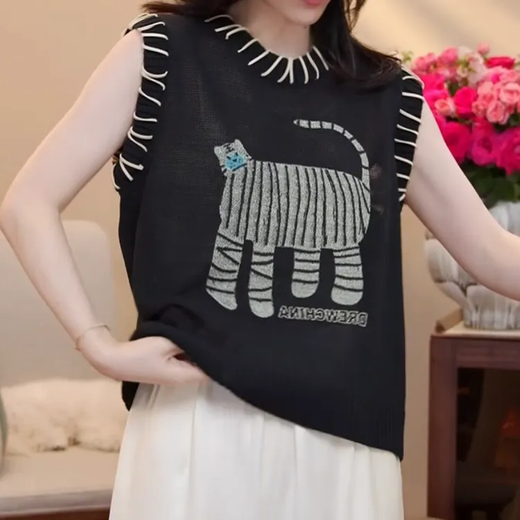 2025夏季新款时尚休闲圆领卡通图案百搭无袖针织衫LK2503622