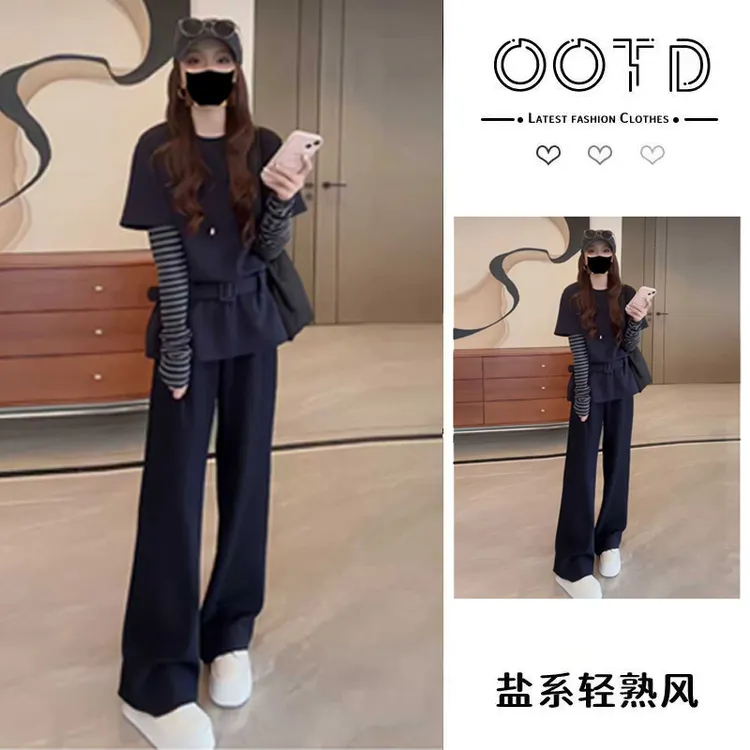 2025秋季新款韩系慵懒风长袖假两件针织上衣阔腿裤假两件上衣女