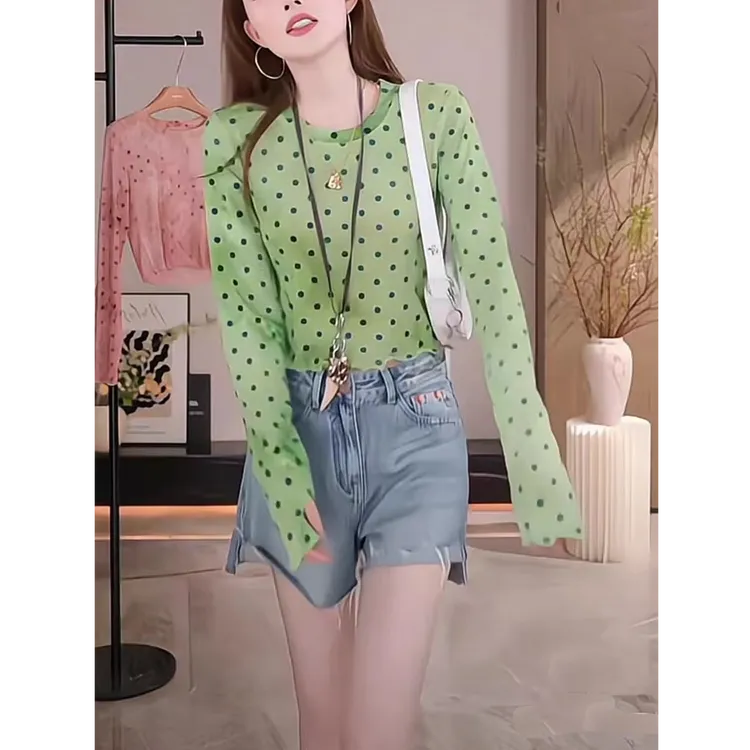 小众波点网纱防晒长袖t恤女装夏季修身显瘦独特超好看木耳边上衣