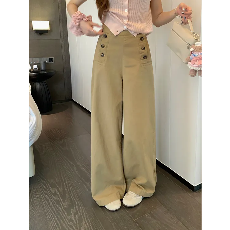 通勤百搭多纽扣休闲裤女夏季新款设计感高腰显瘦显腿长阔腿裤