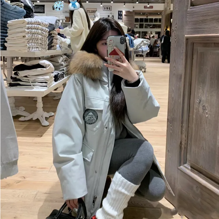 冰川蓝工装棉服女冬季2025新款中长款连帽加厚派克服复古外套潮