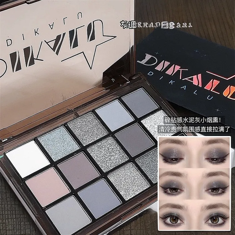 DIKALU 15色暗夜骑士眼影大地色黑色眼影盘朋克烟熏水泥盘亮晶晶