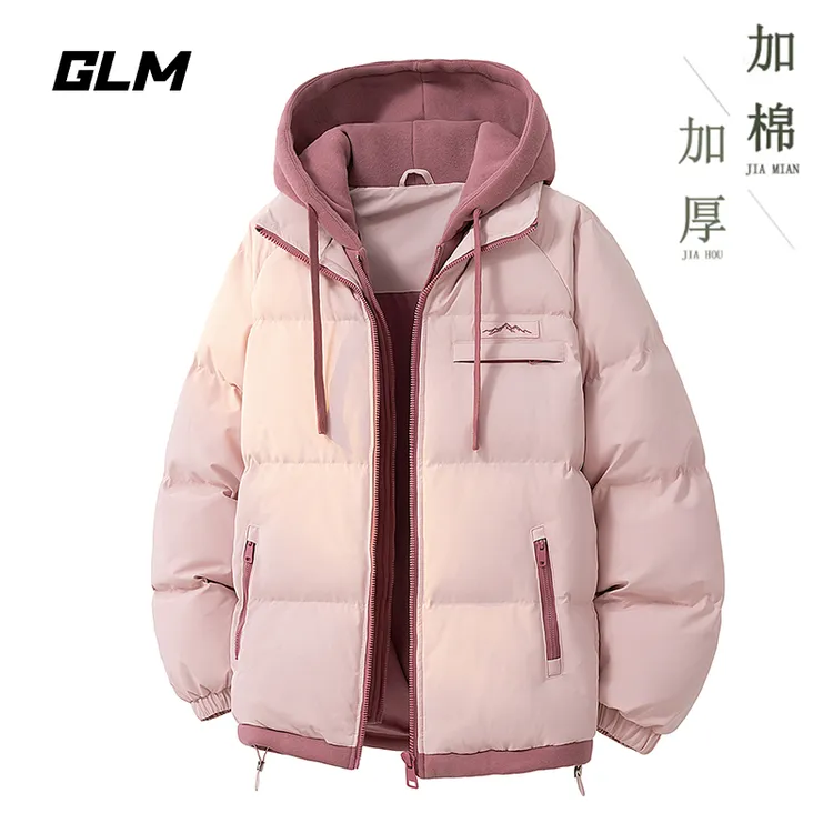 GLM假两件撞色连帽棉衣冬季情侣款时尚加厚保暖舒适棉服宽松外套