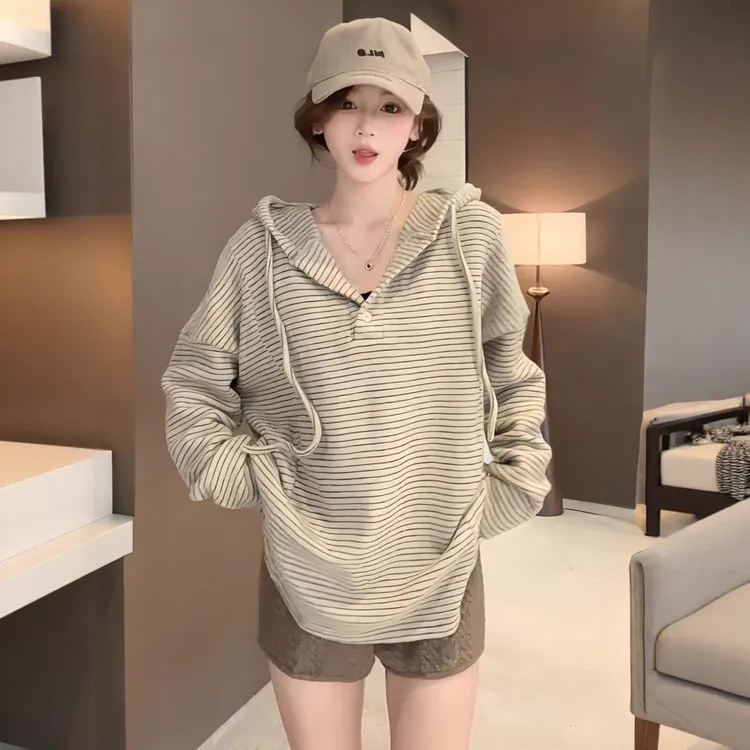 条纹连帽卫衣女款2025新款秋季巨好看的宽松慵懒风中长款女士上衣