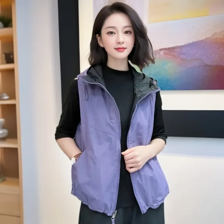 【拼色两面穿】新款连帽运动休闲双面穿撞色百搭纯色轻薄拉链马甲女