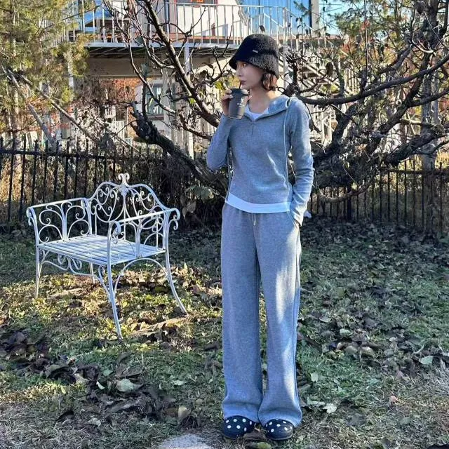 【拼接假两件套装上衣】秋冬休闲慵懒风阔腿假两件套装女-8661