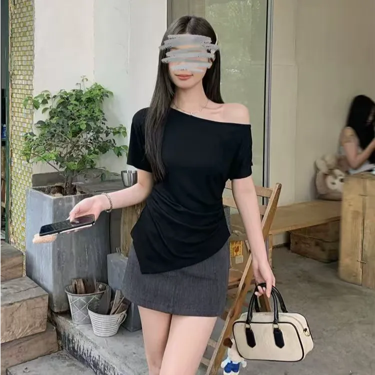 夏季甜美辣妹风休闲宽松收腰显瘦一字肩短袖T恤
