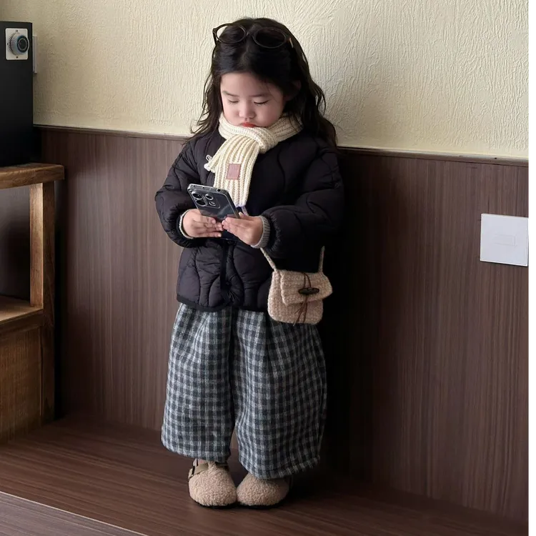 女童薄棉外套春秋男童休闲风套装小童秋季常规款格子阔腿裤秋冬