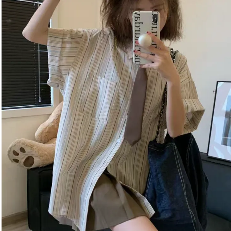 复古条纹衬衫两件套装女春夏季新款宽松纯欲短袖衬衣百褶裙短裙子
