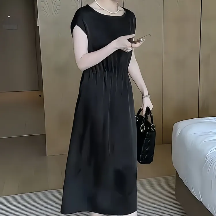 秋季新款宽松短袖连衣裙女微胖大码显瘦遮肉气质慵懒风中长款裙子