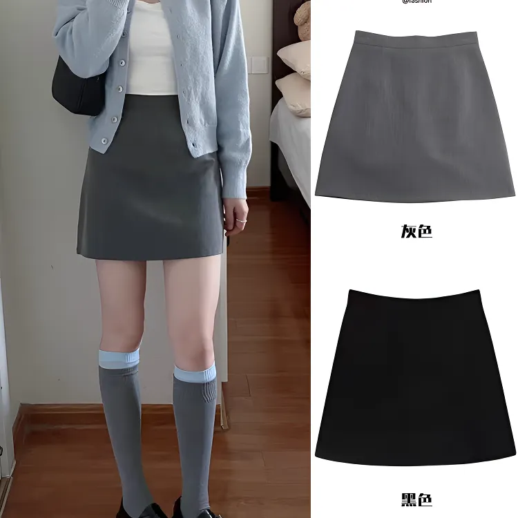 灰色高腰a字西装短裙秋季2025新款韩版显瘦学院风百搭气质半身裙