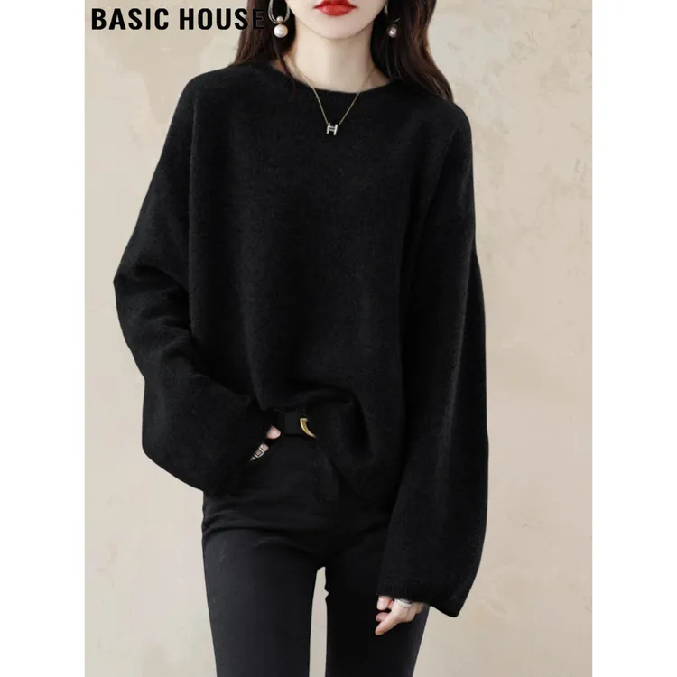 Basic House/百家好慵懒风黑色圆领毛衣女2025冬季宽松打底针织衫