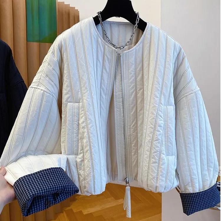 超好看夹棉外套女秋冬2025新款宽松休闲短款绗缝小棉服小个子上衣