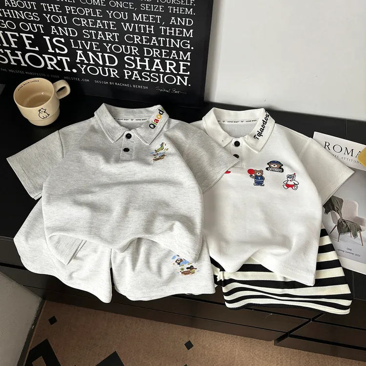 儿童polo领短袖短裤套装男女宝潮流刺绣两件套时尚