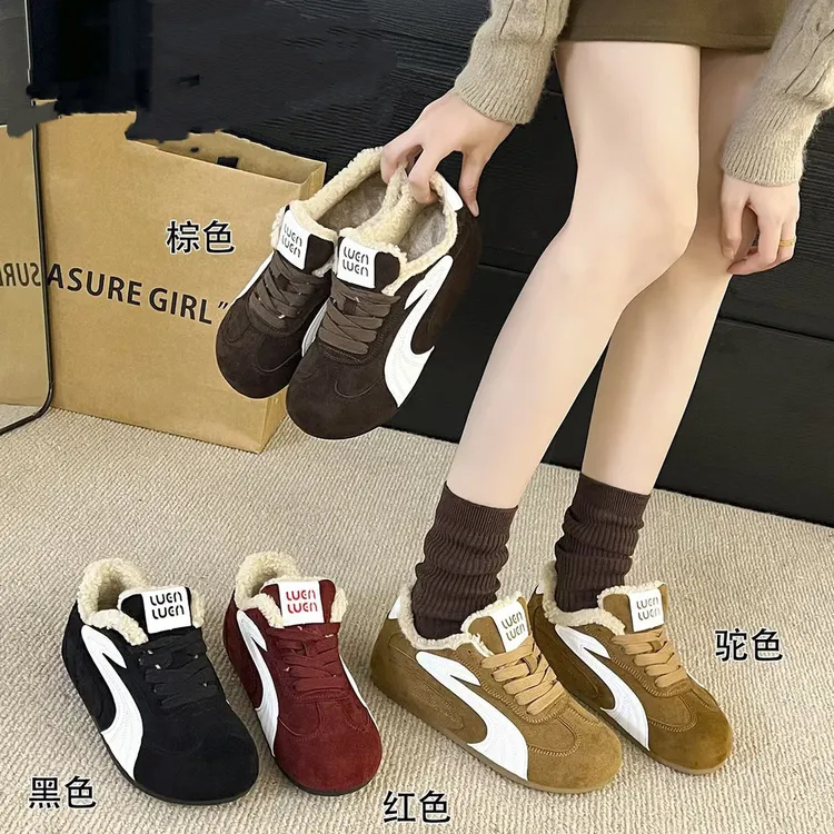 加绒德训鞋2025冬季新款百搭系带平跟雪地靴休闲风时尚休闲鞋棉鞋