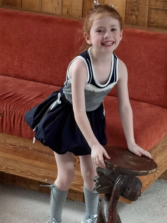 女童夏套装miu系女孩洋气假两件拼色吊带背心儿童蕾丝边花苞裙