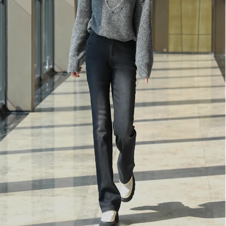 GIRDEAR/哥弟秋冬新款松紧高腰弹力牛仔修身加绒微喇裤1100462