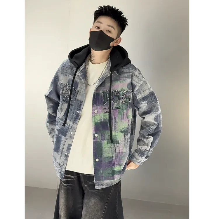 格子牛仔夹克男冬季潮牌可脱卸帽加棉外套青少年痞帅上衣XFSG5887