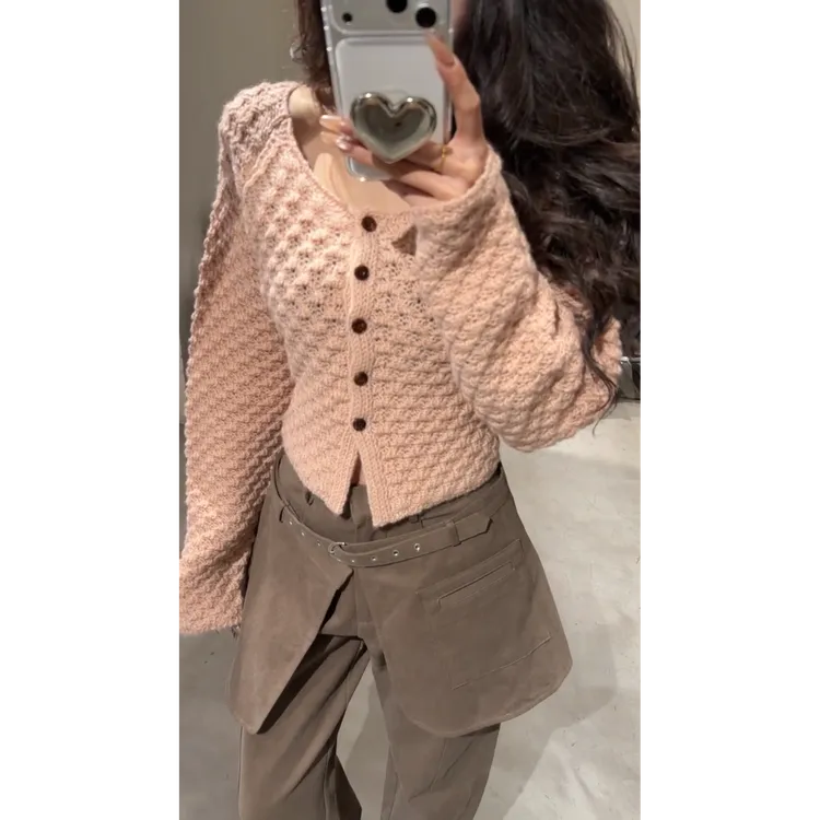 MARIE.COCO复古肌理感长袖针织开衫女冬季慵懒风显瘦温柔毛衣外套