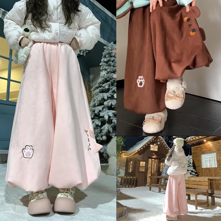 原创设计小猫耳朵加绒灯笼裤武士裤宽松加厚高腰阔腿裤小个子花苞