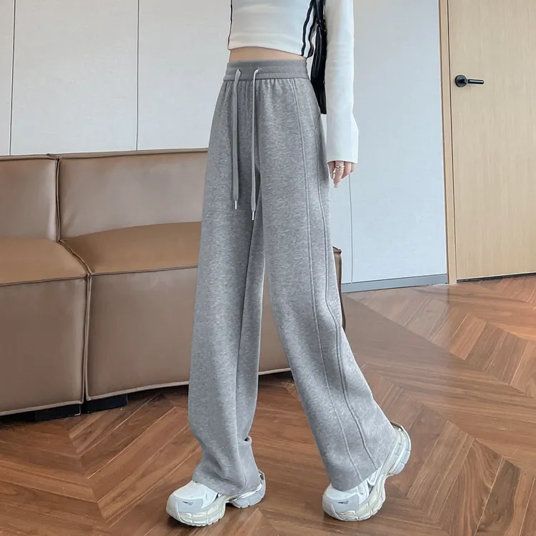 运动休闲卫裤直筒阔腿裤女春秋冬2025新款高腰松紧灰色窄版香蕉裤