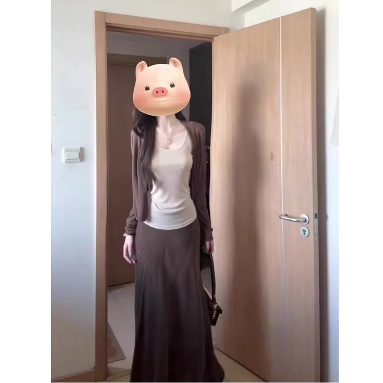 一整套ootd穿搭套装早秋长袖开衫上衣无袖背心半身裙三件套D570