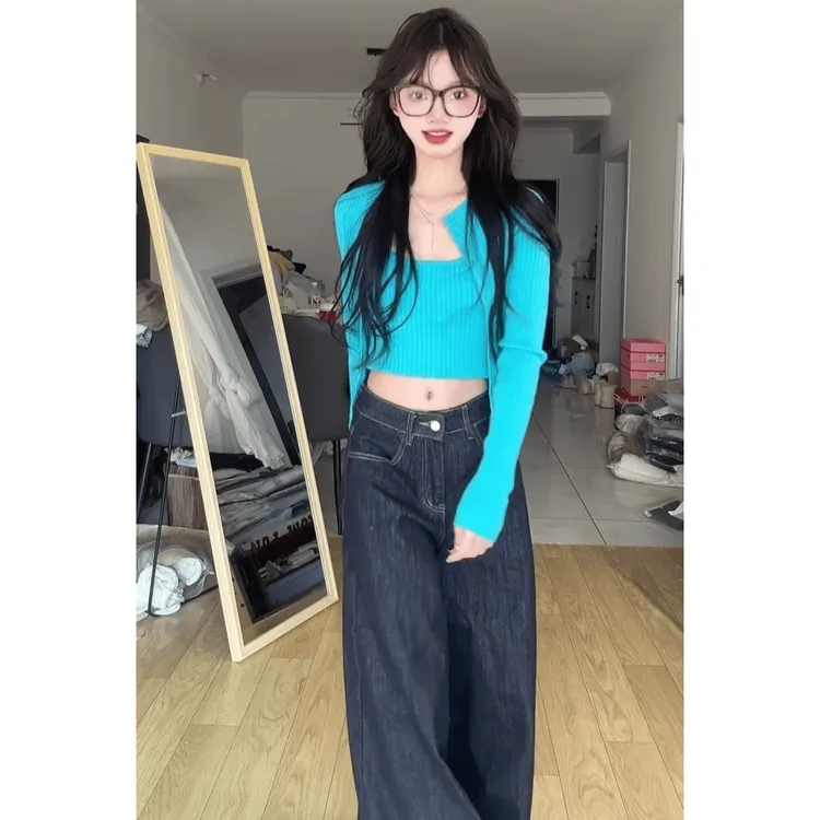 MARIE.COCO韩系纯欲辣妹针织吊带开衫三件套女百搭修身显瘦牛仔裤