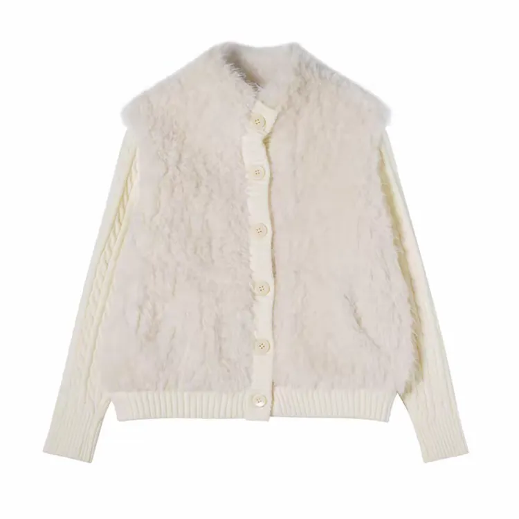 人造皮草 长袖针织短款外套女秋冬宽松设计感拼接环保