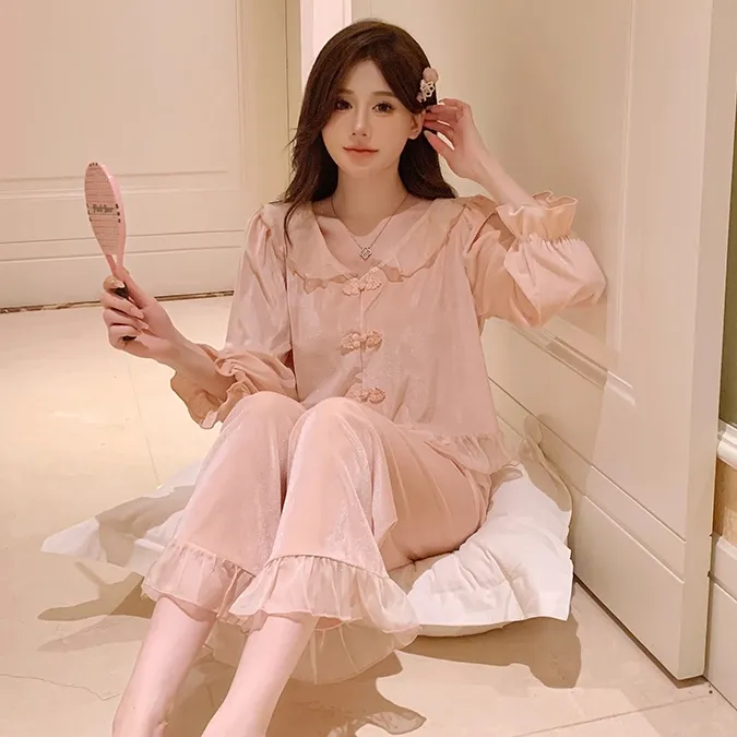 金丝绒睡衣女春秋季甜美中国风小个子娃娃领秋冬款时尚家居服套装