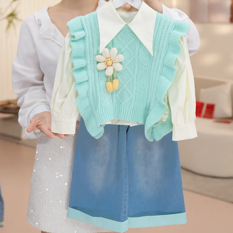 【薄荷】女童秋季欧若风套头少女风春秋套装女孩马甲三件套QC40343