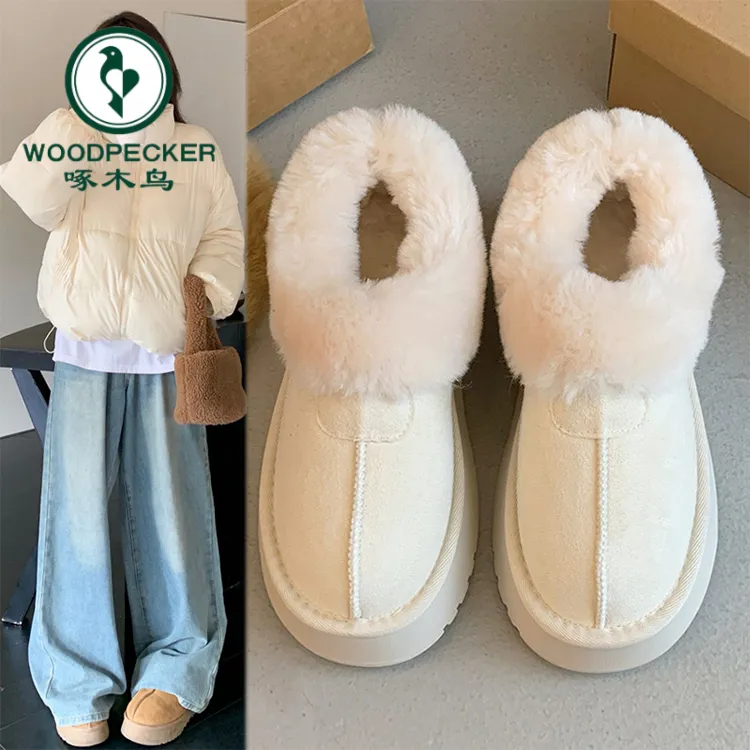 啄木鸟白色厚底皮毛一体保暖雪地靴女2025新款秋冬加绒加厚毛毛鞋