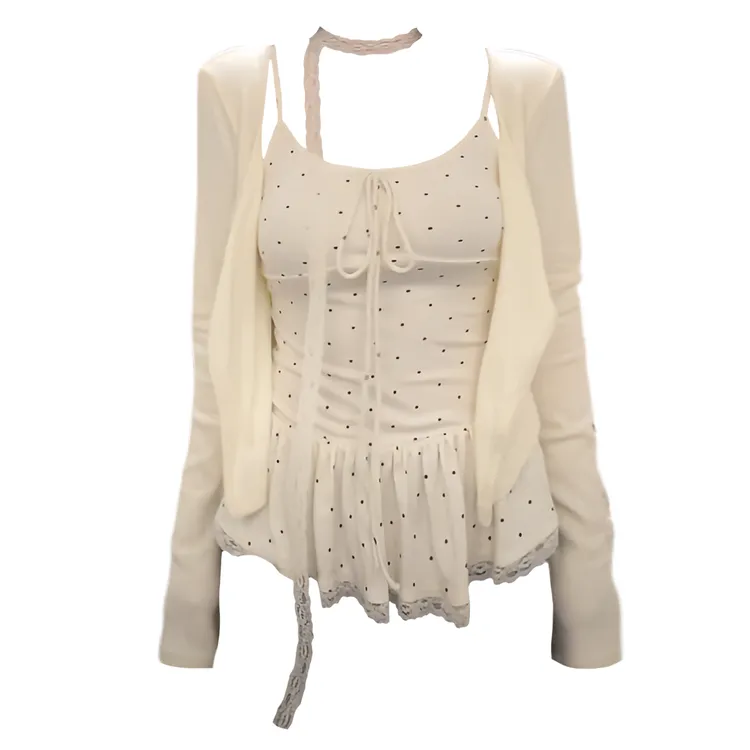 大码胖MM纯欲蕾丝花边挂脖吊带女秋季新款气质荷叶边开衫两件套装