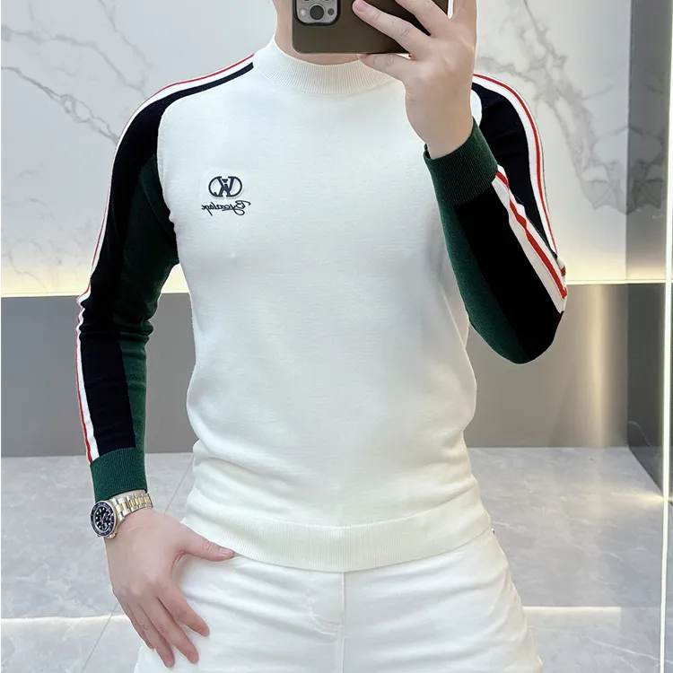 2025秋冬季欧货潮牌条纹圆领男时尚修身百搭休闲针织毛衣打底