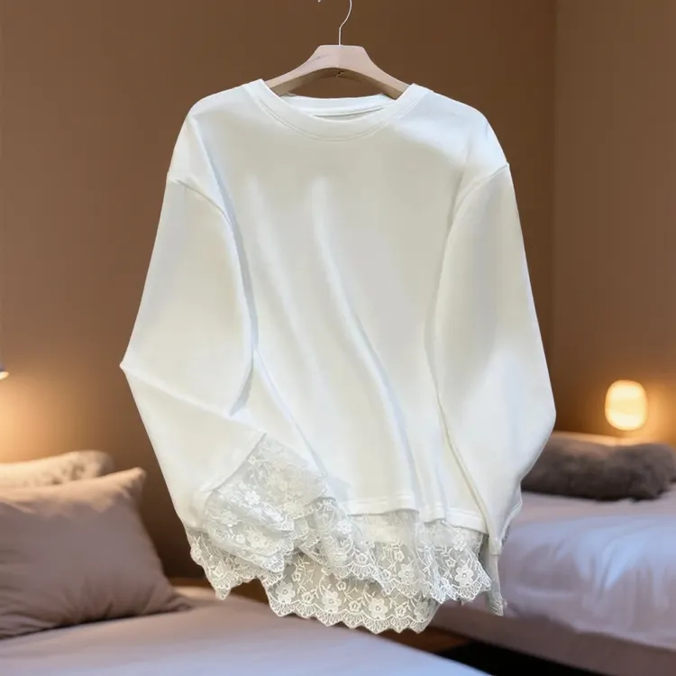 【百搭轻奢】欧货白色长袖t恤女蕾丝冬新款加绒中长内搭打底衫睡衣