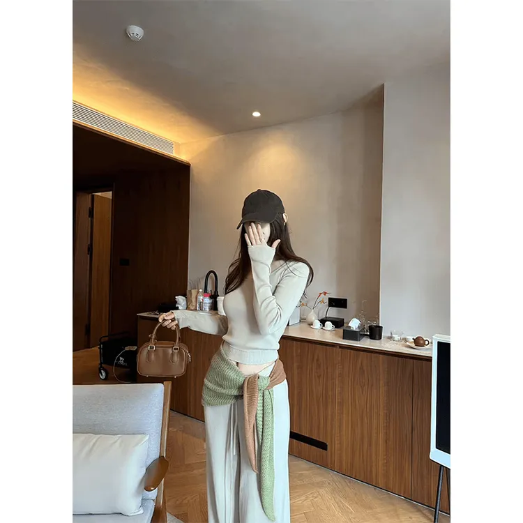 2025秋新款韩版U领长袖针织衫上衣露肚脐高腰休闲裤垂感阔腿裤女