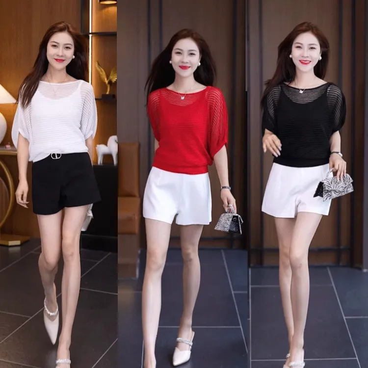 女夏季2025洋气短袖防晒罩衫镂空薄款蝙蝠衫遮肚子两件套潮