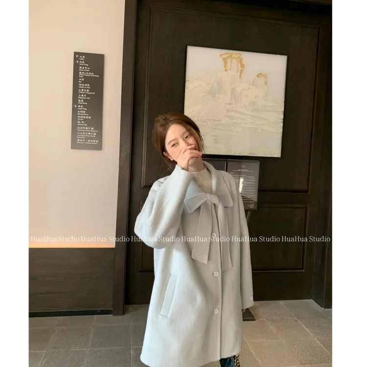 【花花】缪斯大衣~韩版100羊毛蝴蝶结翻领中长款双面呢外套大衣