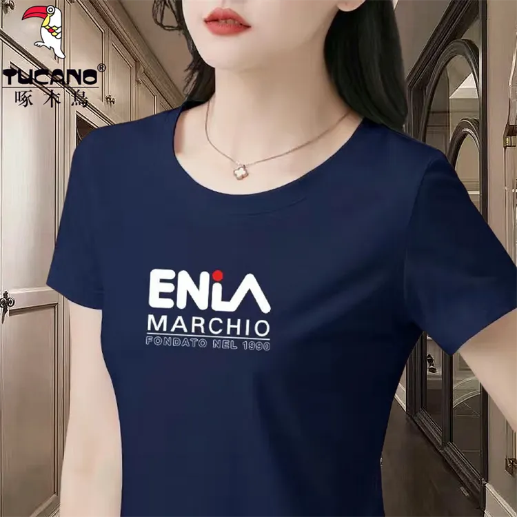 啄木鸟纯棉短袖t恤女2025夏季薄款时尚宽松大码百搭圆领妈妈上衣