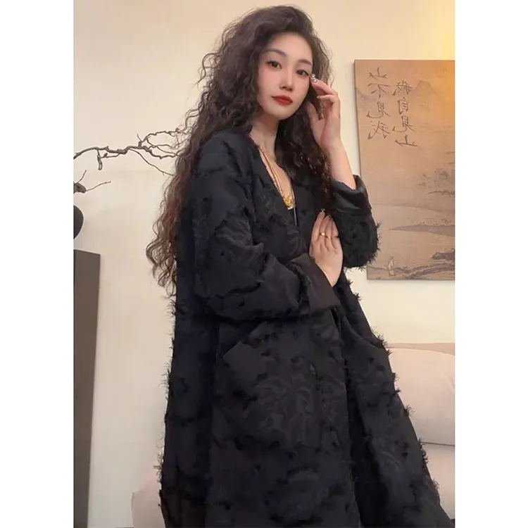 洋气百搭宽松中长款纯色外套潮2025秋季新款时尚休闲大码V领上衣
